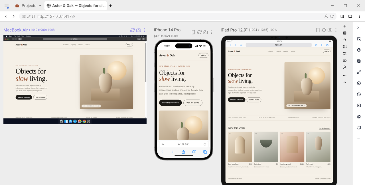 Sizzy with a storefront open on a MacBook Air, an iPhone 14 Pro and an iPad Pro at the same time.